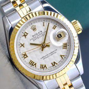 ROLEX LADIES DATEJUST 18K GOLD STEEL WATCH 69173 BEIGE PYRAMID DIAL FLUTED 26MM